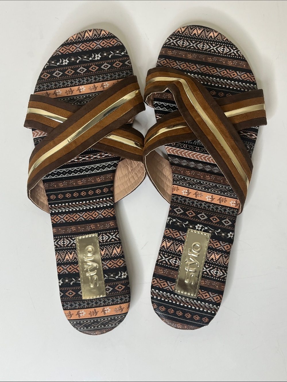 Stylo Brown Gold Metallic Tribal Striped SlipOn Sandals Women’s Size12 EU43 NWOT